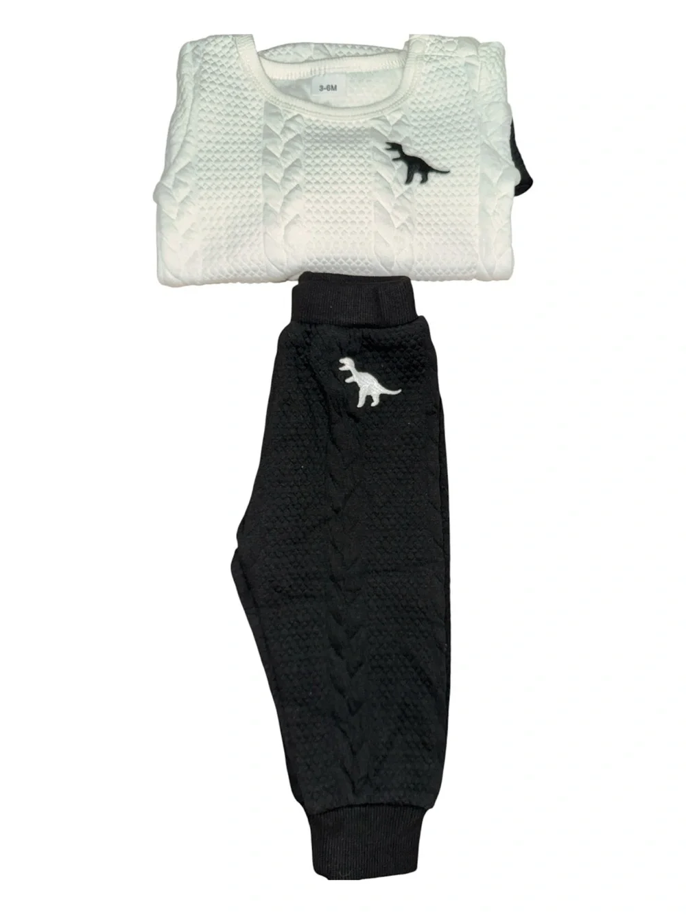 Infant Boy 3-6M Dinosaur Cable Knit Onesie Jogger Pants Outfit Set White NIP